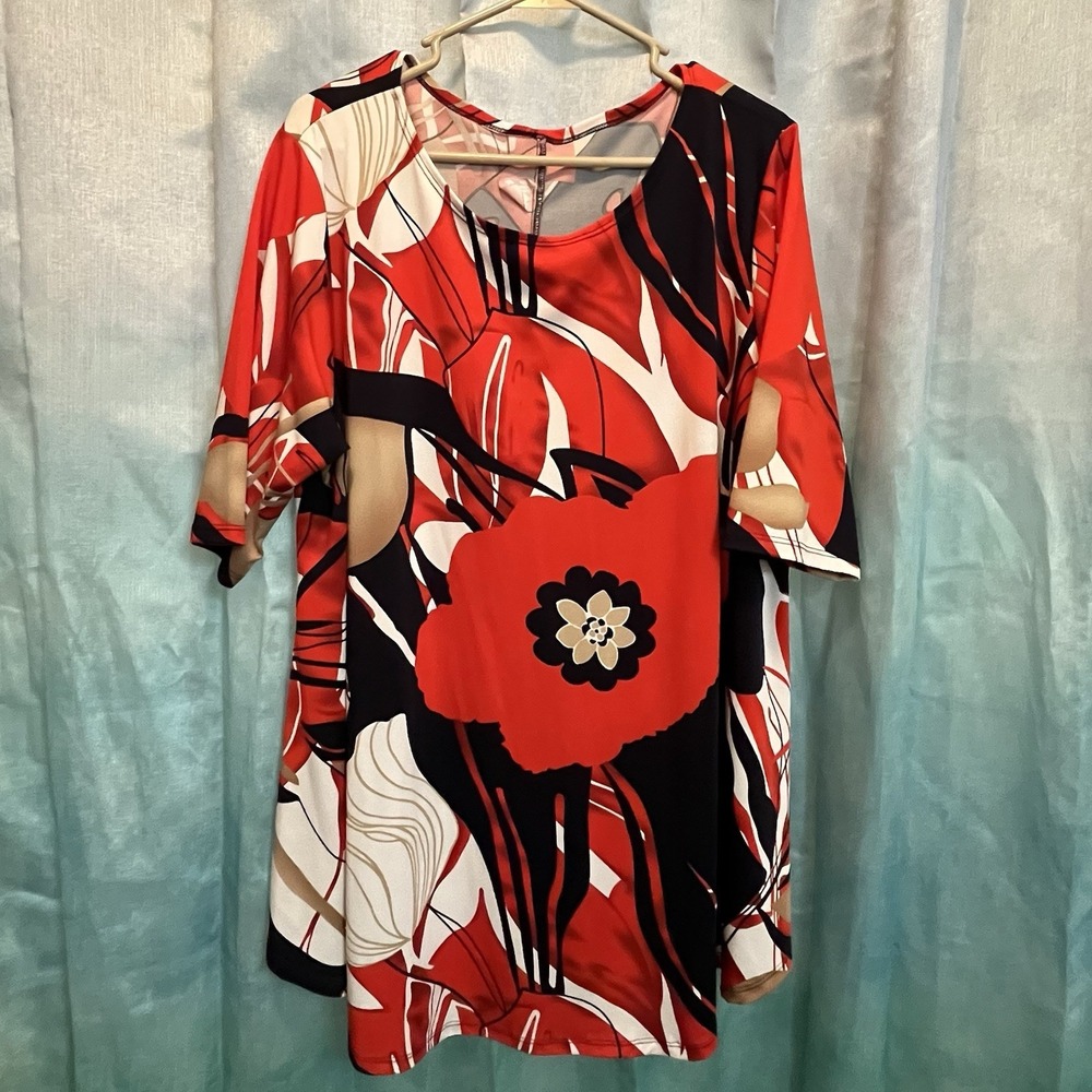 Women's Flirty Pink Brand Red Floral Tropical Dress‎ 3/4 Sleeve 2x/3x